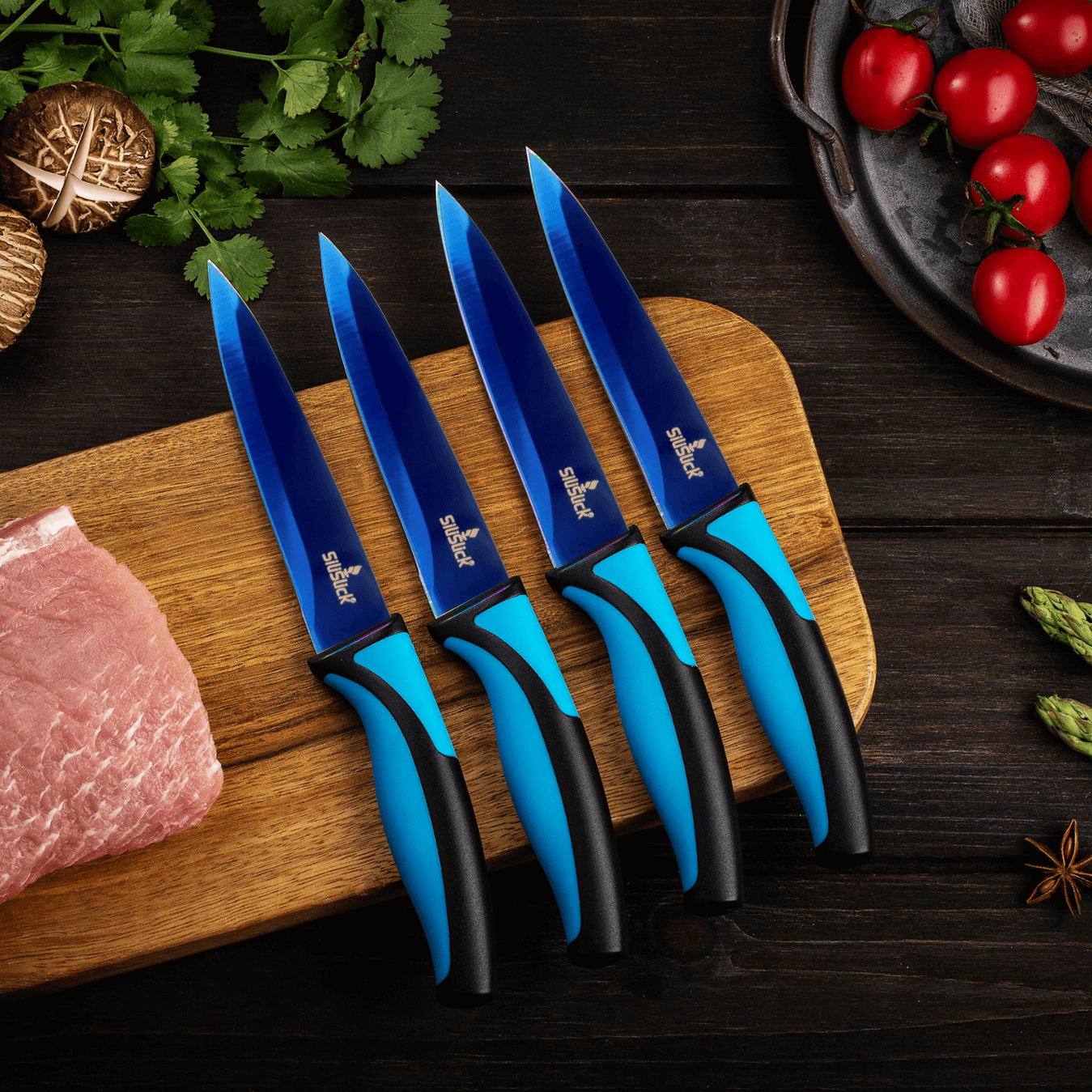 Steak Knife Set 4 Titanium Coated Deep Blue Blade - SnagItCo.