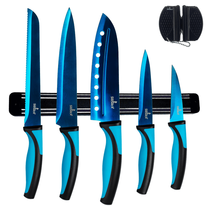 Kitchen Knife Set Kit & Black Magnetic Rack & sharpener - SnagItCo.