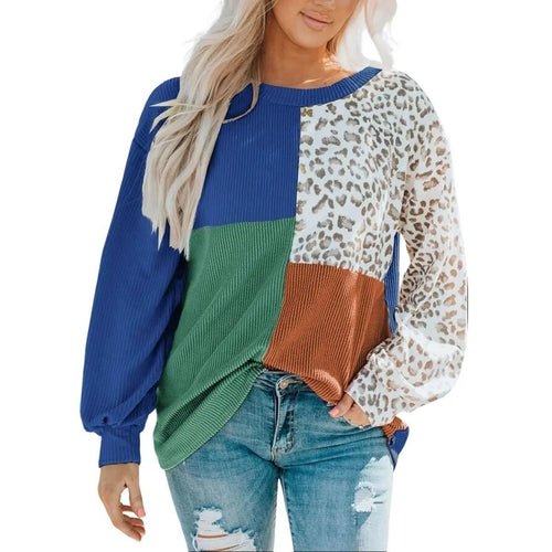 Leopard Patchwork Color Block Ribbed Long Sleeve Top - SnagItCo.