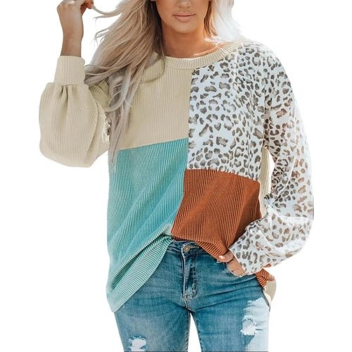 Leopard Patchwork Color Block Ribbed Long Sleeve Top - SnagItCo.