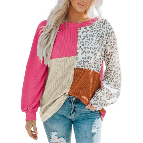 Leopard Patchwork Color Block Ribbed Long Sleeve Top - SnagItCo.
