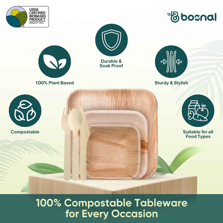 Palm Leaf Biodegradable 10" & 7" Square Plates, 5" Bowls with Cutlery Combo (25 pcs each of Plates, Bowls, Spoons, Knives, 50 Forks), Eco - Friendly, Disposable Dinnerware for Parties, Weddings & Events - SnagItCo.