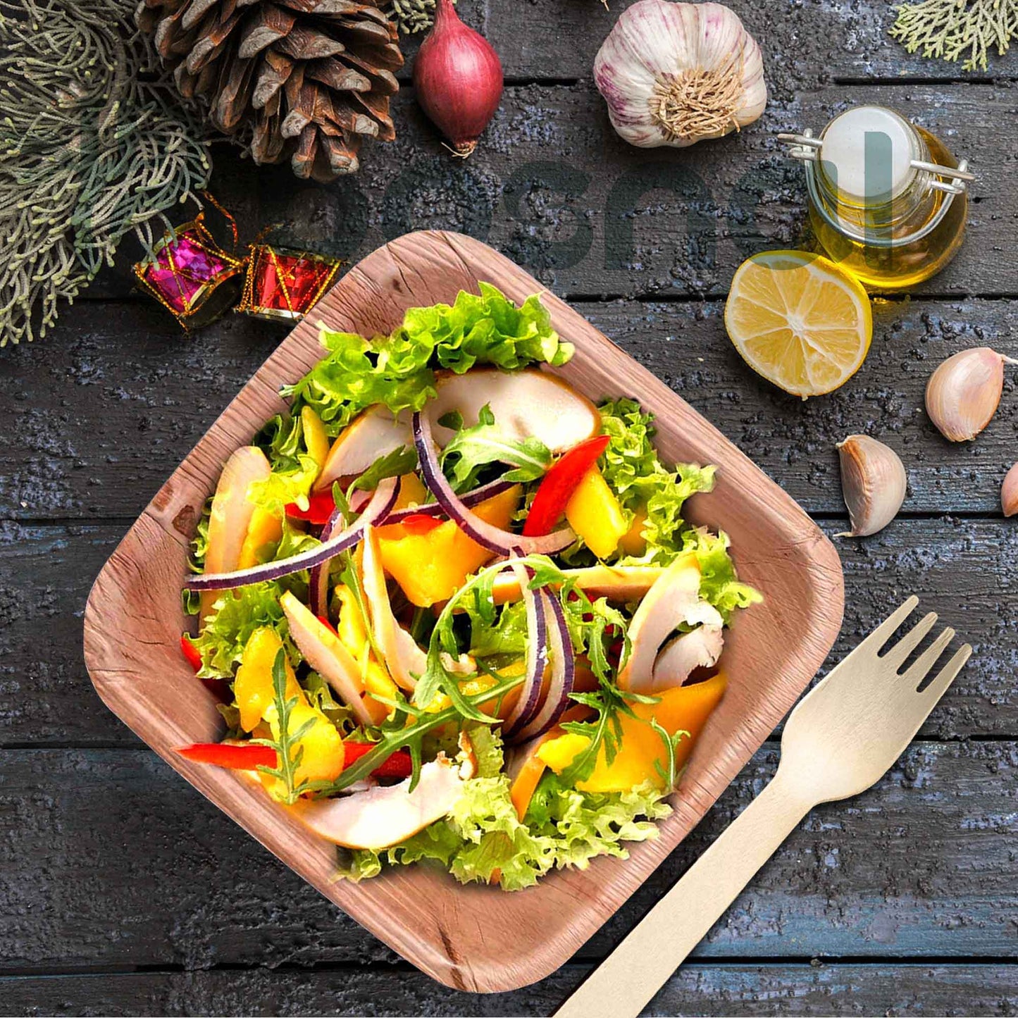 Palm Leaf Biodegradable 10" & 7" Square Plates, 5" Bowls with Cutlery Combo (25 pcs each of Plates, Bowls, Spoons, Knives, 50 Forks), Eco - Friendly, Disposable Dinnerware for Parties, Weddings & Events - SnagItCo.