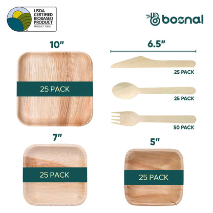 Palm Leaf Biodegradable 10" & 7" Square Plates, 5" Bowls with Cutlery Combo (25 pcs each of Plates, Bowls, Spoons, Knives, 50 Forks), Eco - Friendly, Disposable Dinnerware for Parties, Weddings & Events - SnagItCo.
