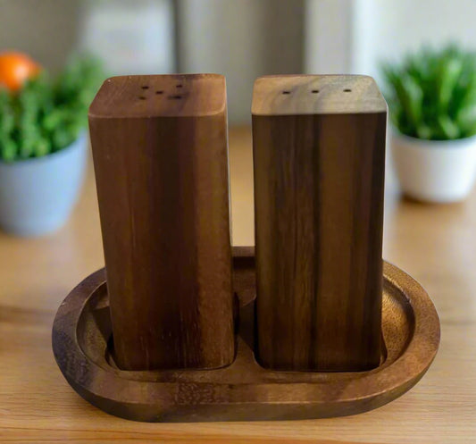 Salt & Pepper Shakers on an Acacia Wood Base - SnagItCo.