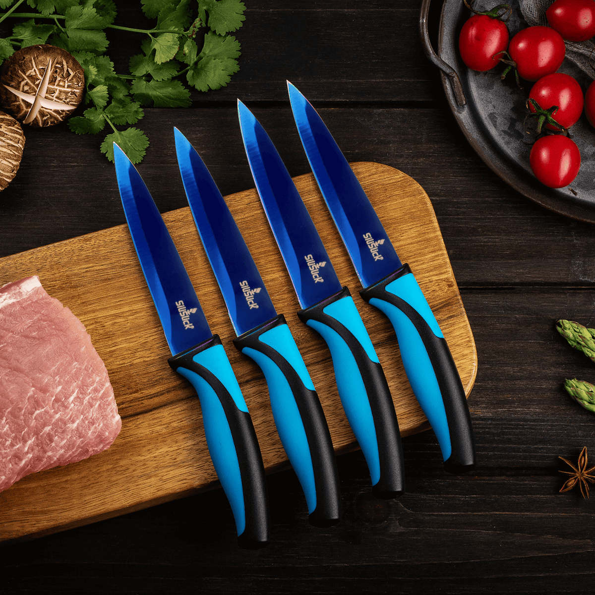 Steak Knife Set 4 Titanium Coated Deep Blue Blade - SnagItCo.