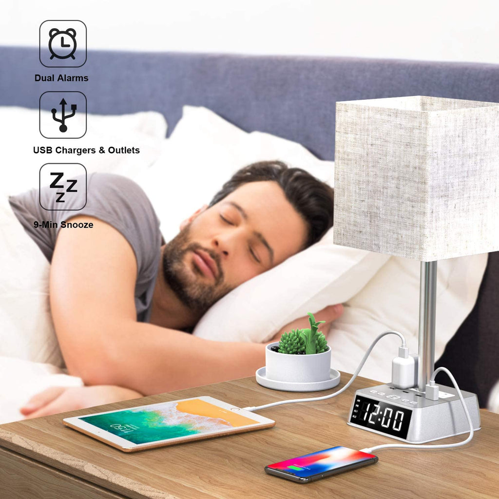 Table Lamp, 4 USB Ports &amp; AC Power Outlets, Alarm Clock - SnagItCo.