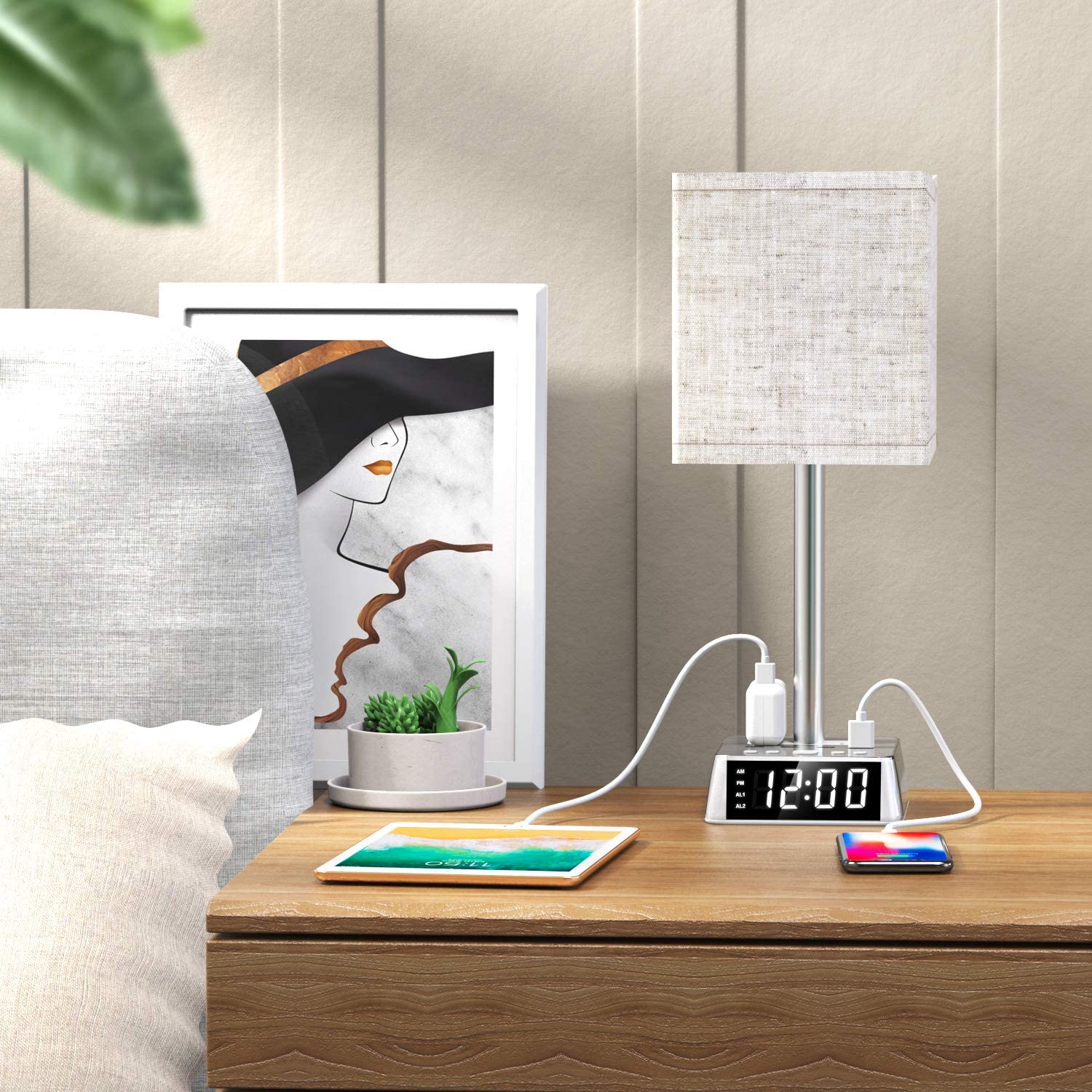 Table Lamp, 4 USB Ports &amp; AC Power Outlets, Alarm Clock - SnagItCo.