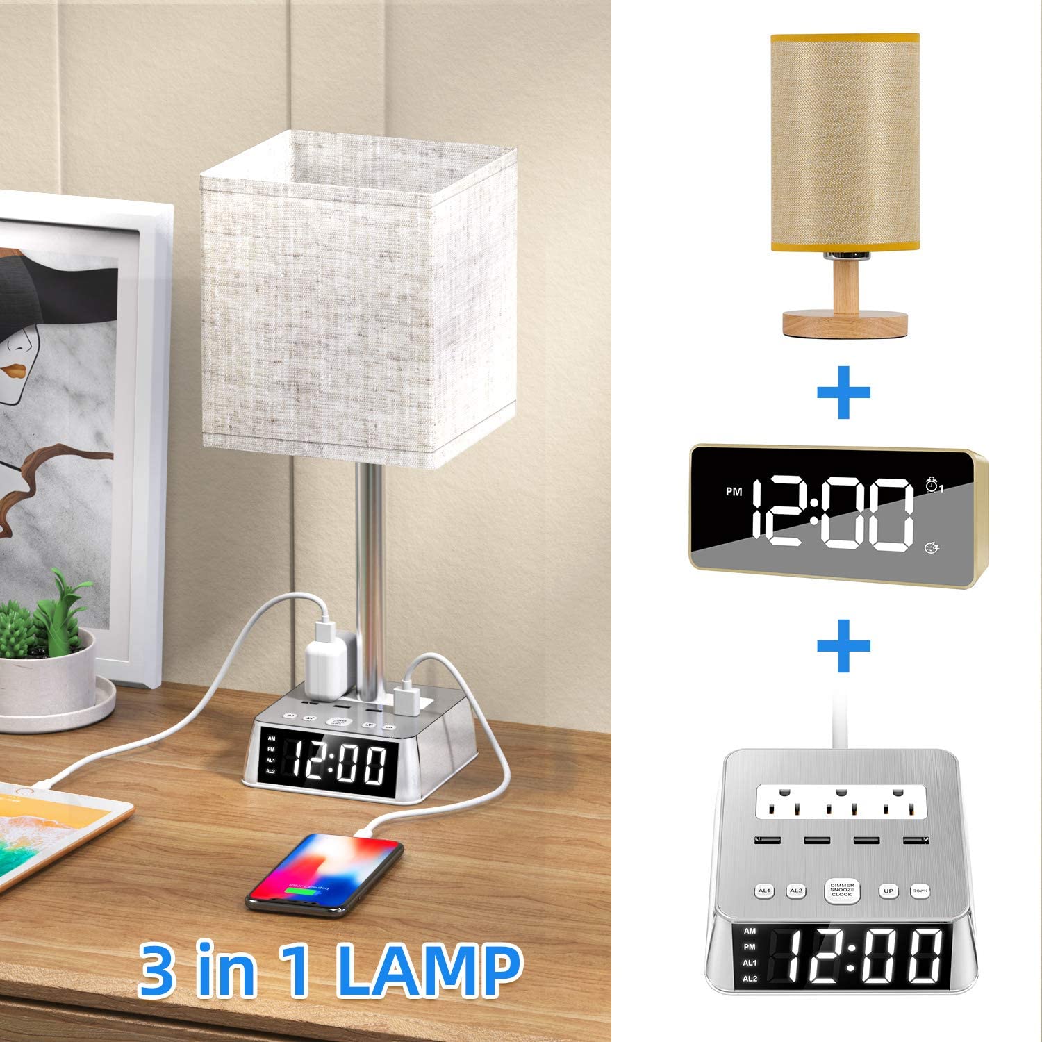 Table Lamp, 4 USB Ports &amp; AC Power Outlets, Alarm Clock - SnagItCo.