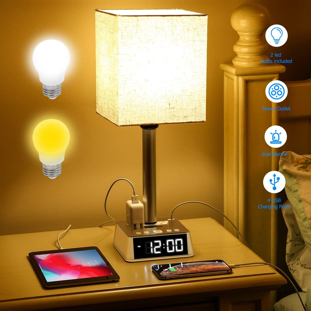 Table Lamp, 4 USB Ports &amp; AC Power Outlets, Alarm Clock - SnagItCo.